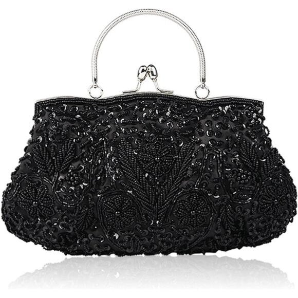Handbags - Beaded Sequin Design Flower Large Clutch Bag Black